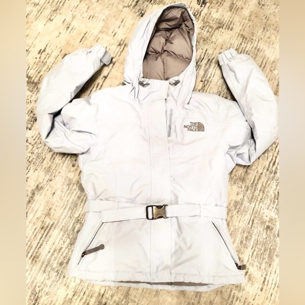 The North Face Light Blue Belted Hooded Logo Nylon  Insulated Winter Jacket- EUC